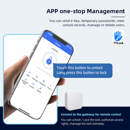 App one-stop management for LvD11 Smart Lock displayed on a smartphone, showing features like remote unlock, e-Key sending, and usage tracking for enhanced user convenience and control