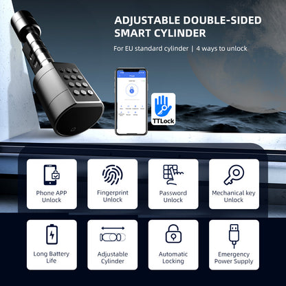 Adjustable double-sided LvD11 Smart Lock featuring multiple unlocking options including Phone App, Fingerprint, Password, and Mechanical Key, alongside features like long battery life and emergency power supply